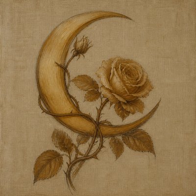a rose entwined with a crescent moon, clean balanced composition on a plain background, no text