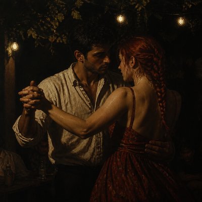 an original couple dancing under string lights in a garden at dusk: a man with short black hair in a linen shirt and a woman with braided red hair in a summer dress
