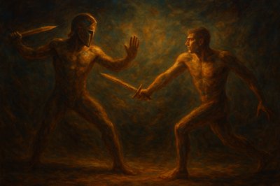 a painting of two men fighting each other