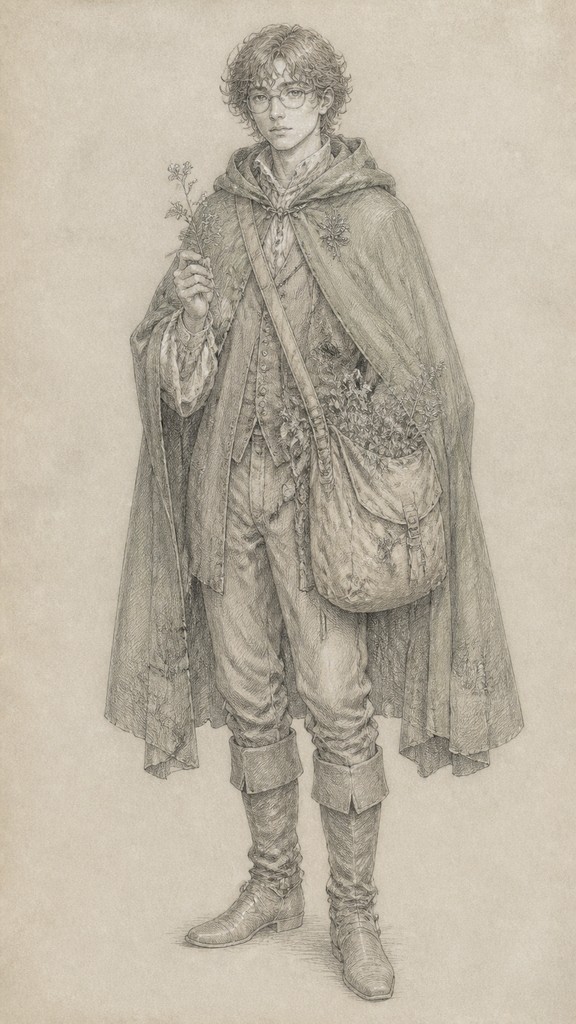 full-body original character: a wandering botanist with a satchel of plants, a patched green cloak, tall boots and round glasses, neutral background