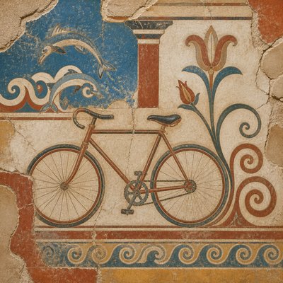 bicyle resting against a wall — Minoan Fresco Art Style