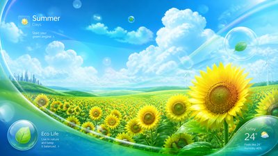 an endless field of sunflowers under summer clouds, no people