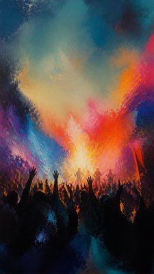 a live music scene with a glowing stage and silhouetted crowd, energetic vertical composition with open space at the top, no text