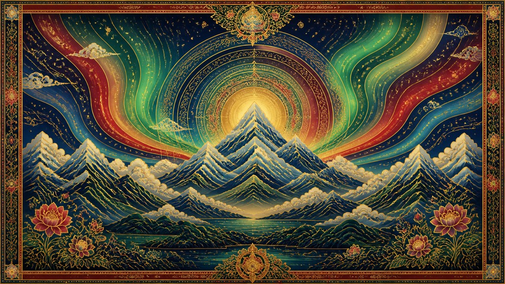 a flowing aurora over snowy peaks, wide sweeping composition, no people, no text