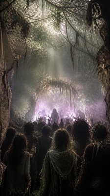 a live music scene with a glowing stage and silhouetted crowd, energetic vertical composition with open space at the top, no text