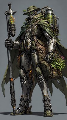 full-body original character: a wandering botanist with a satchel of plants, a patched green cloak, tall boots and round glasses, neutral background
