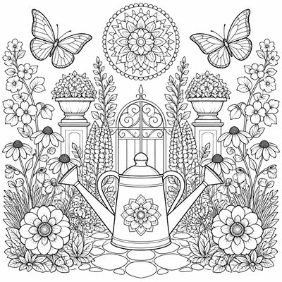 a garden scene with butterflies, flowers and a watering can, clean uncolored line art, no text