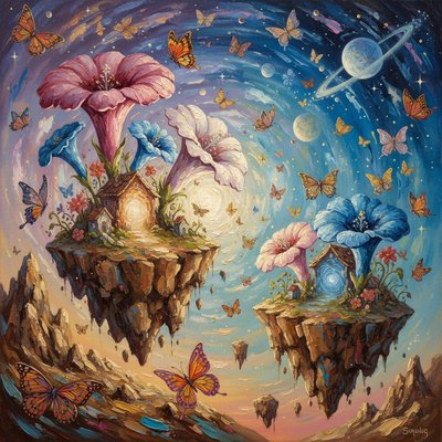 Floating islands with lush, fantastical flora • Celestial skies filled with moons, stars, and planetary orbits • Oversized flowers as emotional anchors or portals • Butterflies as messengers, memory-keepers, or guides • Dreamlike color palettes: soft pinks, deep blues, radiant whites • Gravity-defying compositions and layered atmosphere Using psychedelic art and impasto style art