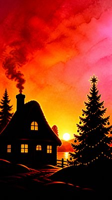 a snow-covered cottage with warm glowing windows beside a decorated pine tree, gentle snowfall, no text