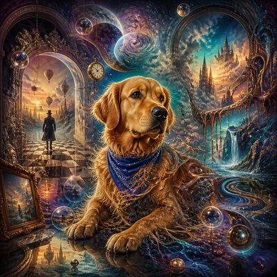 portrait of a golden retriever wearing a blue bandana, warm plain backdrop, no text