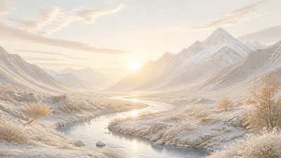 a vast valley with a river winding toward distant mountains at sunrise, no people, no text