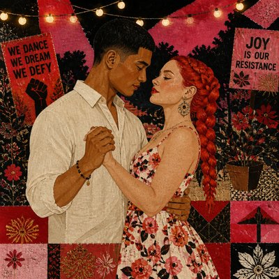 an original couple dancing under string lights in a garden at dusk: a man with short black hair in a linen shirt and a woman with braided red hair in a summer dress