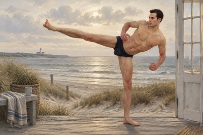 a painting of a man doing a yoga pose