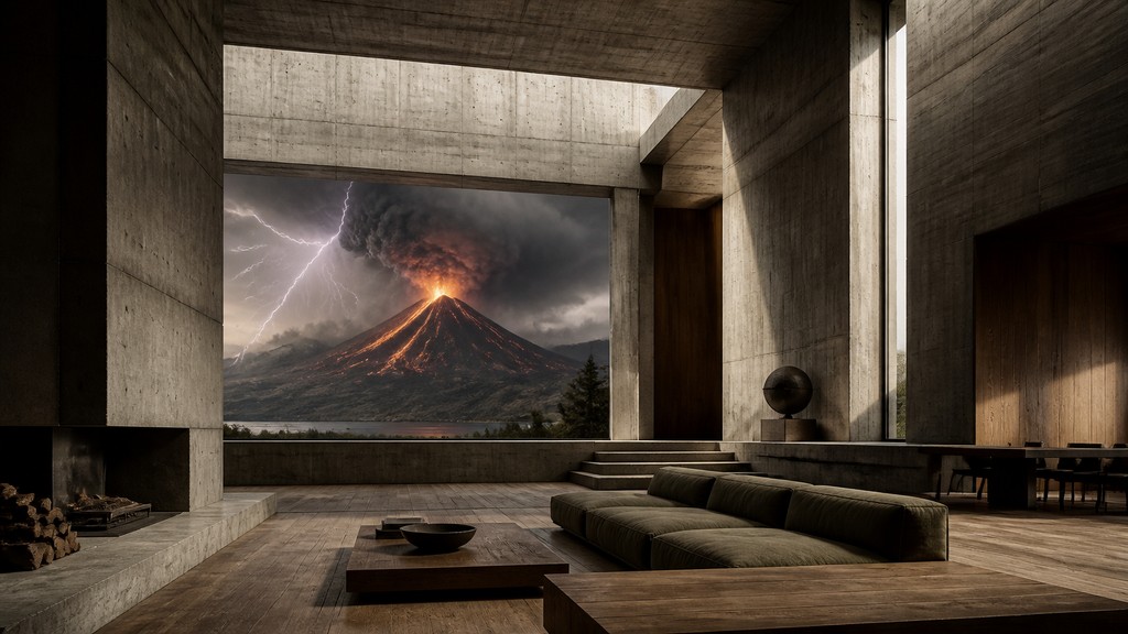an erupting volcano with lightning strikes, dramatic wide composition, no text