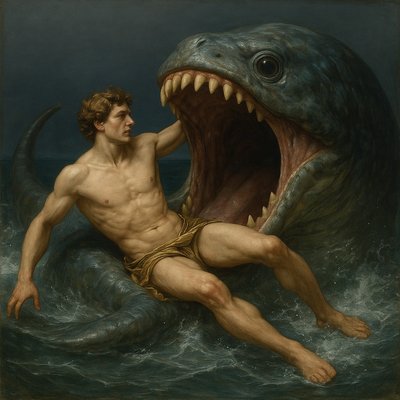 a painting of a man laying on a giant shark