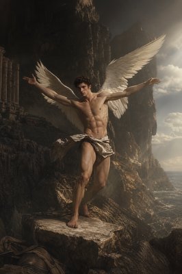 a man with wings standing on a rock
