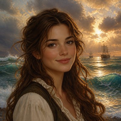 head-and-shoulders portrait of an original character: a young woman with wavy chestnut hair and a warm smile, plain soft backdrop