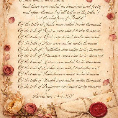 “And I heard the number of them which were sealed: and there were sealed an hundred and forty and four thousand of all the tribes of the children of Israel. Of the tribe of Juda were sealed twelve thousand. Of the tribe of Reuben were sealed twelve thousand. Of the tribe of Gad were sealed twelve thousand. Of the tribe of Aser were sealed twelve thousand. Of the tribe of Nepthalim were sealed twelve thousand. Of the tribe of Manasses were sealed twelve thousand. Of the tribe of Simeon were sealed twelve thousand. Of the tribe of Levi were sealed twelve thousand. Of the tribe of Issachar were sealed twelve thousand. Of the tribe of Zabulon were sealed twelve thousand. Of the tribe of Joseph were sealed twelve thousand. Of the tribe of Benjamin were sealed twelve thousand.” (Revelation 7:4-8, KJV)
