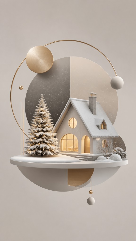 a snow-covered cottage with warm glowing windows beside a decorated pine tree, gentle snowfall, no text