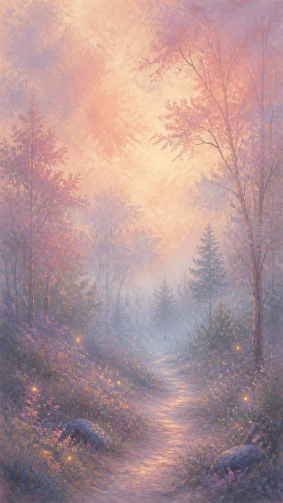 a mysterious forest path with fireflies and drifting mist, atmospheric vertical composition with open space at the top, no text