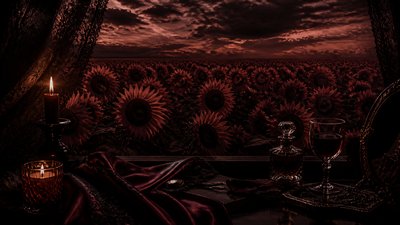 an endless field of sunflowers under summer clouds, no people