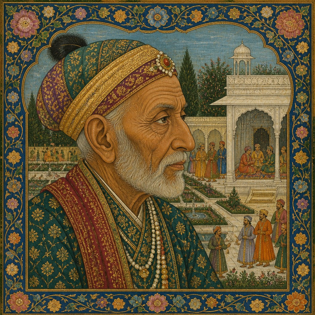 close-up portrait of an elderly person with expressive weathered features — Mughal Miniature Art Style