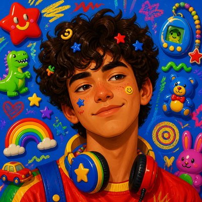 head-and-shoulders portrait of an original character: a young man with curly dark hair and headphones around his neck, plain backdrop, no text