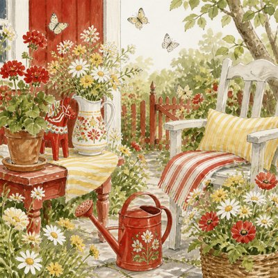 a garden scene with butterflies, flowers and a watering can, clean uncolored line art, no text