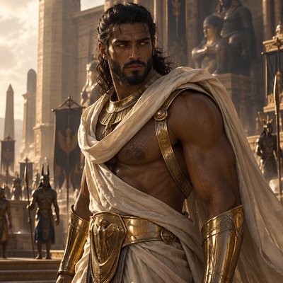 Je veux que tu me fasses un guerrier, tres modern avec une armure moderne genre full or et voile beige en soie sans manche ni haut  in voit ses muscle et il a une barbe et des cheveux long bouclés attacheé en arriere il est hot et un peu poilu pour le realisme il est brun  et a des yeux or , on dirait presque un dieu de l’egypte ancien avec l’ethnie aui va avec 