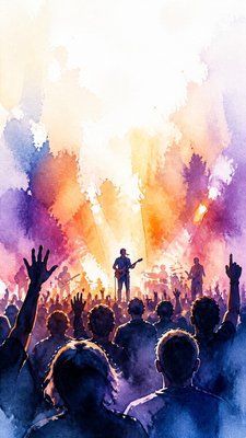 a live music scene with a glowing stage and silhouetted crowd, energetic vertical composition with open space at the top, no text