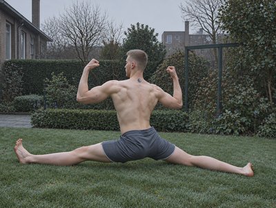 a shirtless man sitting on the grass with his arms in the air