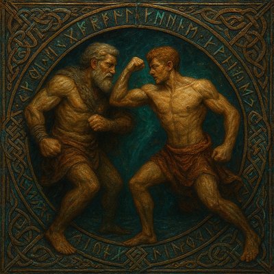 a painting of two men fighting each other