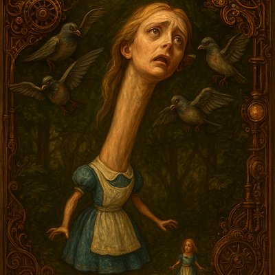 Alice, wearing her blue dress, looking distressed, with her neck stretched impossibly high, vanishing into the foliage above. Her head emerges far above the trees of the Wonderland forest. A flock of angry Pigeons fly around her immense face, one landing on her ear and pecking at it, mistakenly believing her to be a serpent trying to steal their eggs. Below, the tiny, disoriented body of Alice stands near the base of the massive neck. Whimsical, detailed oil painting, saturated colors, storybook illustration by John Tenniel crossed with Salvador Dali, high contrast lighting.