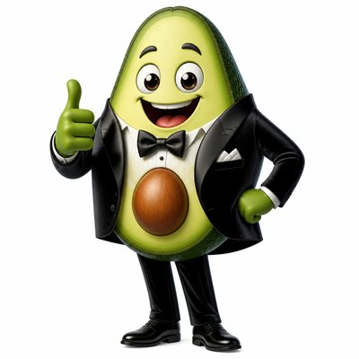 a happy avocado character giving a thumbs up, bold readable design on a plain background, no text