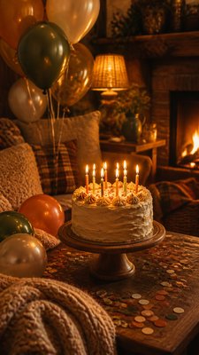 a birthday cake with lit candles surrounded by balloons and confetti, festive vertical composition, no text