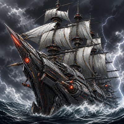 a three-masted wooden sailing ship with white sails on a stormy sea, no crew visible on deck