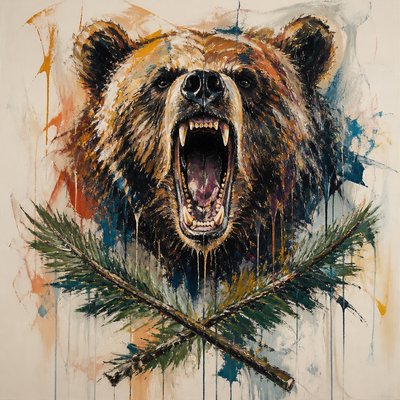 a roaring bear head above crossed pine branches, bold graphic composition on a plain background, no text