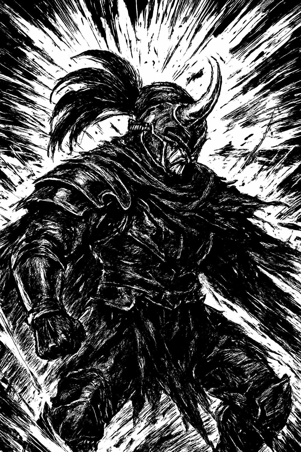a black and white drawing of a demon