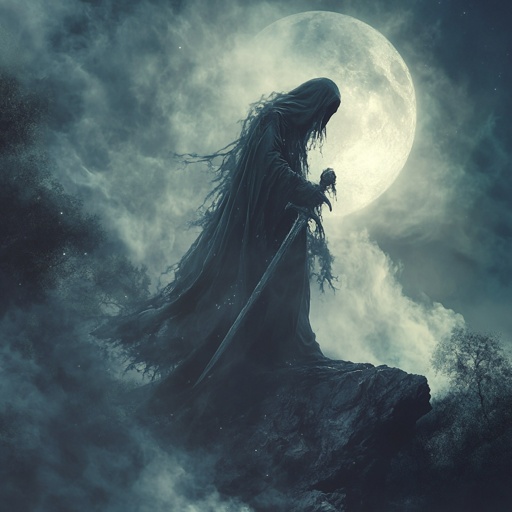 Grim reaper figure in misty, moonlit setting in the art style of dark fantasy --v 6.1