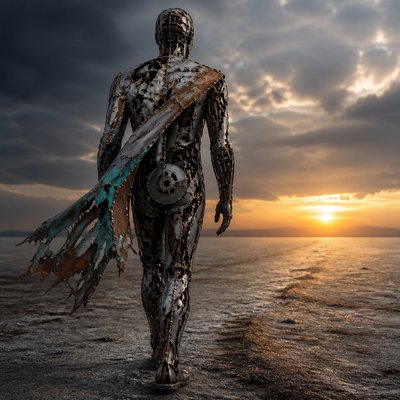 a solitary figure walking toward a glowing horizon across an empty plain, moody atmosphere, no text or lettering