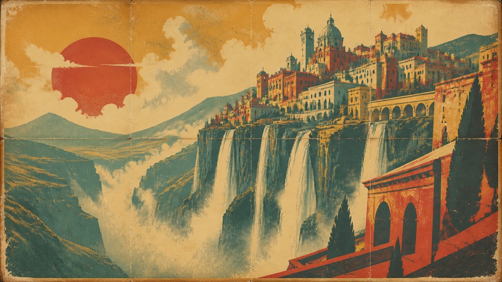a cliffside city with waterfalls cascading into a misty canyon, wide establishing shot, no people, no text