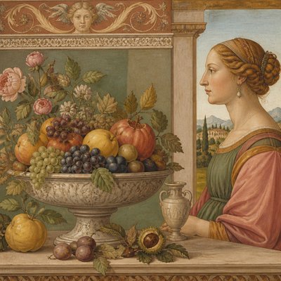 still life arrangement of fruits and flowers