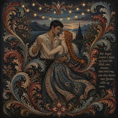 an original couple dancing under string lights in a garden at dusk: a man with short black hair in a linen shirt and a woman with braided red hair in a summer dress