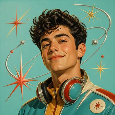 head-and-shoulders portrait of an original character: a young man with curly dark hair and headphones around his neck, plain backdrop, no text
