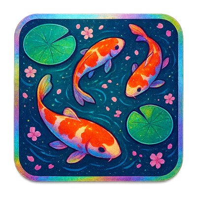 A koi pond seen from above, orange and white koi fish swimming among lily pads, clear water with subtle ripples, fallen cherry blossom petals floating on the surface, dappled sunlight