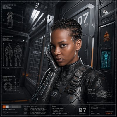 a woman in a sci - themed space station holding her hand up to her face