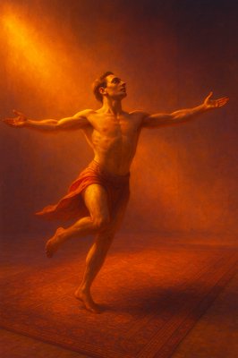 a painting of a man standing on a rug