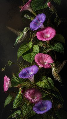 a climbing vine of flowers and hummingbirds on a dark background, tall wrapping composition, no text