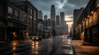 bustling city street panorama at dusk