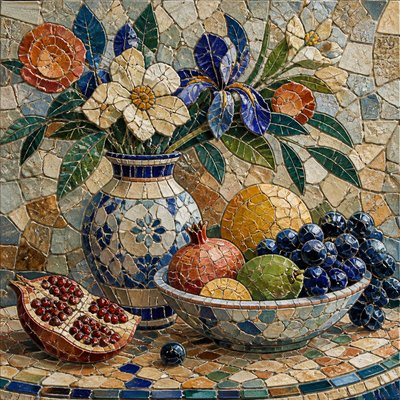 still life arrangement of fruits and flowers